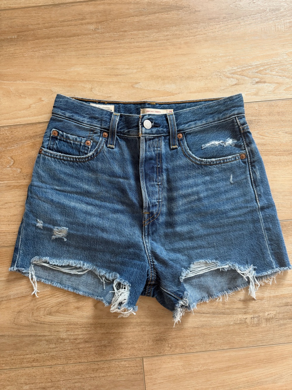 Levi's Ribcage Distressed Blue Denim Cutoff Shorts